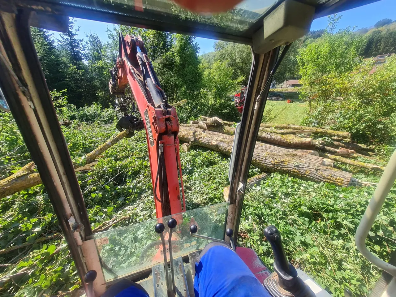 Blick aus der Baggerkabine auf gefällte Stämme und laufende Aufräumarbeiten
